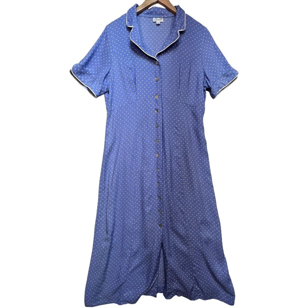 Serbin Women's Cottagecore Button-Front Maxi Dress Size 16 Blue White Polka Dot
